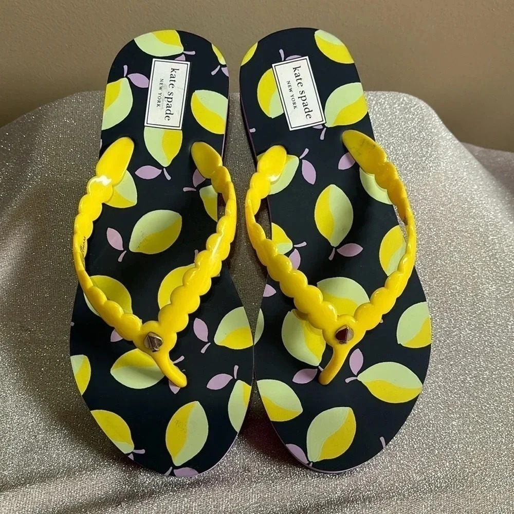 Kate Spade Malter Lemons Wedge Thongs Pink & Yellow Size 7 NWOT
